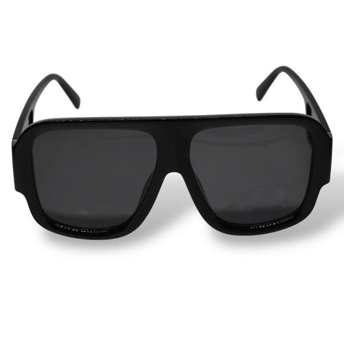 occhiali da sole modello vzion black montatura nera lenti nere forma quadrata vista frontale